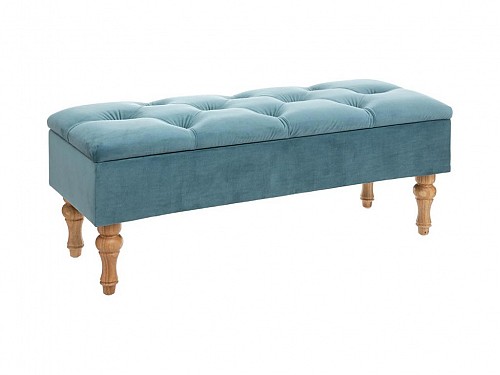 Stool Bench with velvet seat in blue color and storage space, 102x38x41 cm, Velvet bench